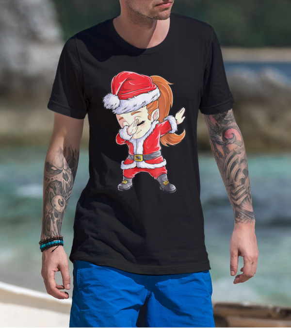 Dabbing Santa Christmas Girls Red Suit White Fur Black Boots T-Shirt