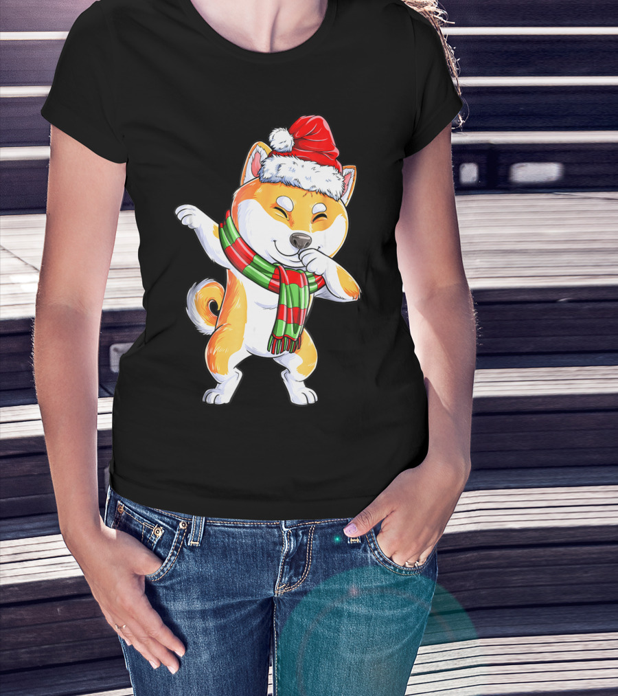 Dabbing Shiba Inu Santa Christmas Scarf Dance T-Shirt