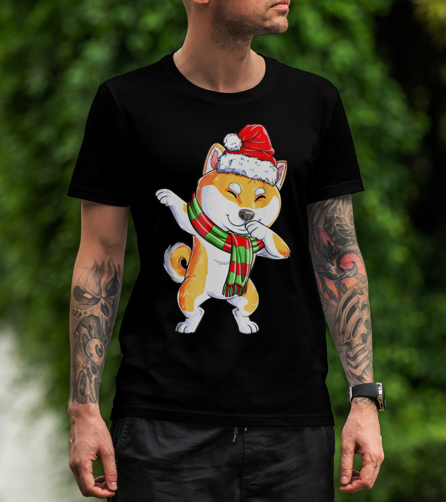Dabbing Shiba Inu Santa Christmas Scarf Dance T-Shirt