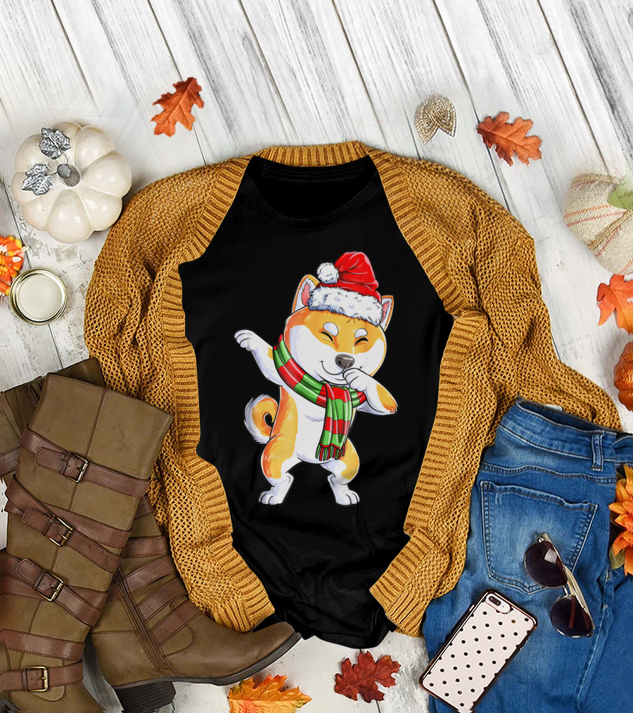 Dabbing Shiba Inu Santa Christmas Scarf Dance T-Shirt