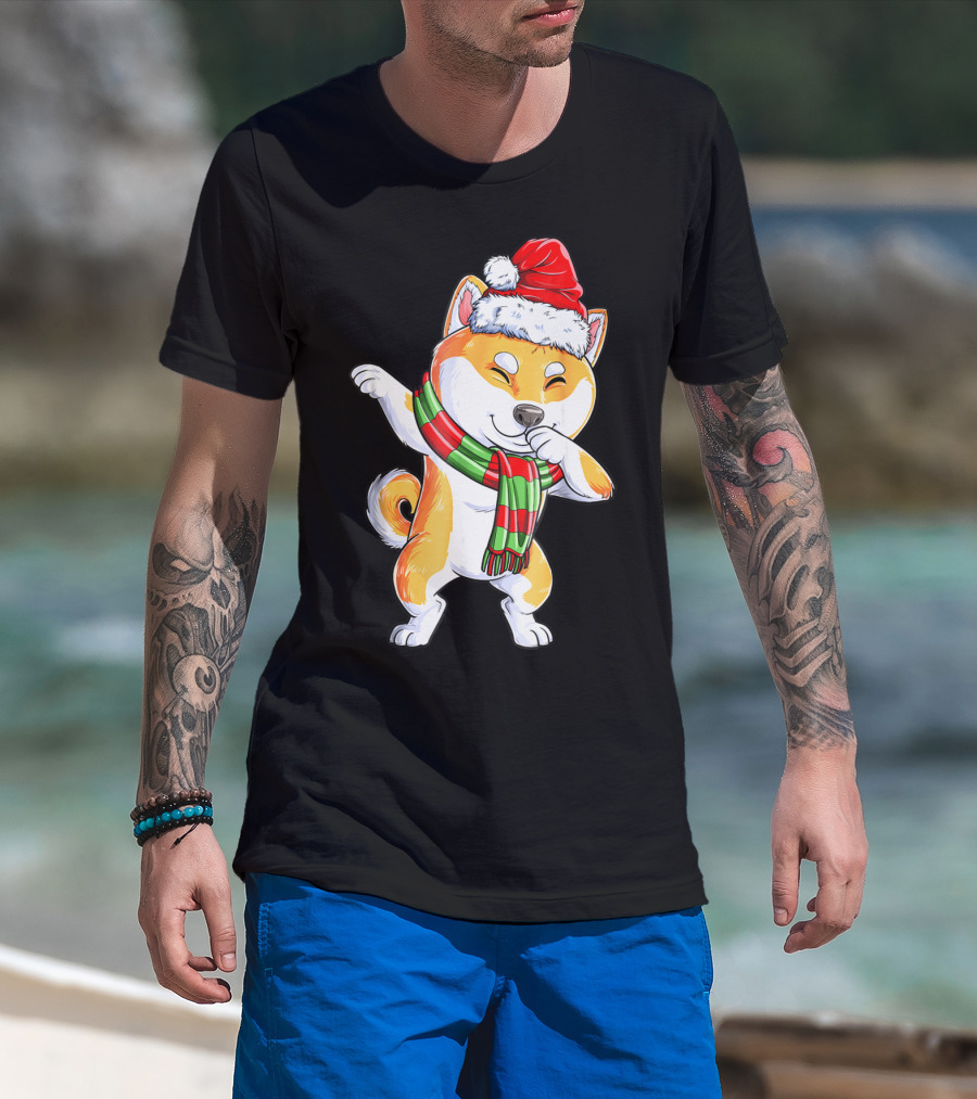 Dabbing Shiba Inu Santa Christmas Scarf Dance T-Shirt