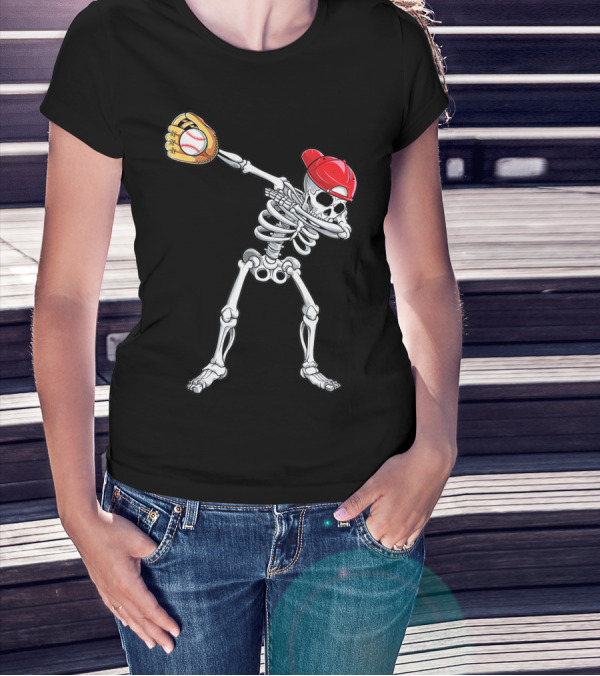 Dabbing Skeleton Baseball Halloween Boys Red Hat T-Shirt