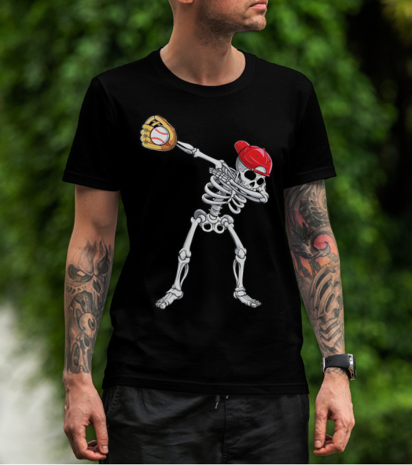 Dabbing Skeleton Baseball Halloween Boys Red Hat T-Shirt