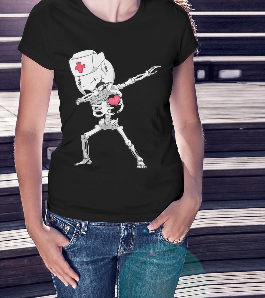 Dabbing Skeleton Nurse Xray Heart Halloween Dab T-Shirt