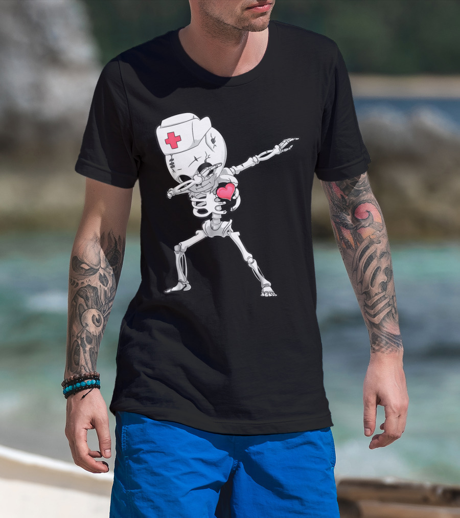 Dabbing Skeleton Nurse Xray Heart Halloween Dab T-Shirt