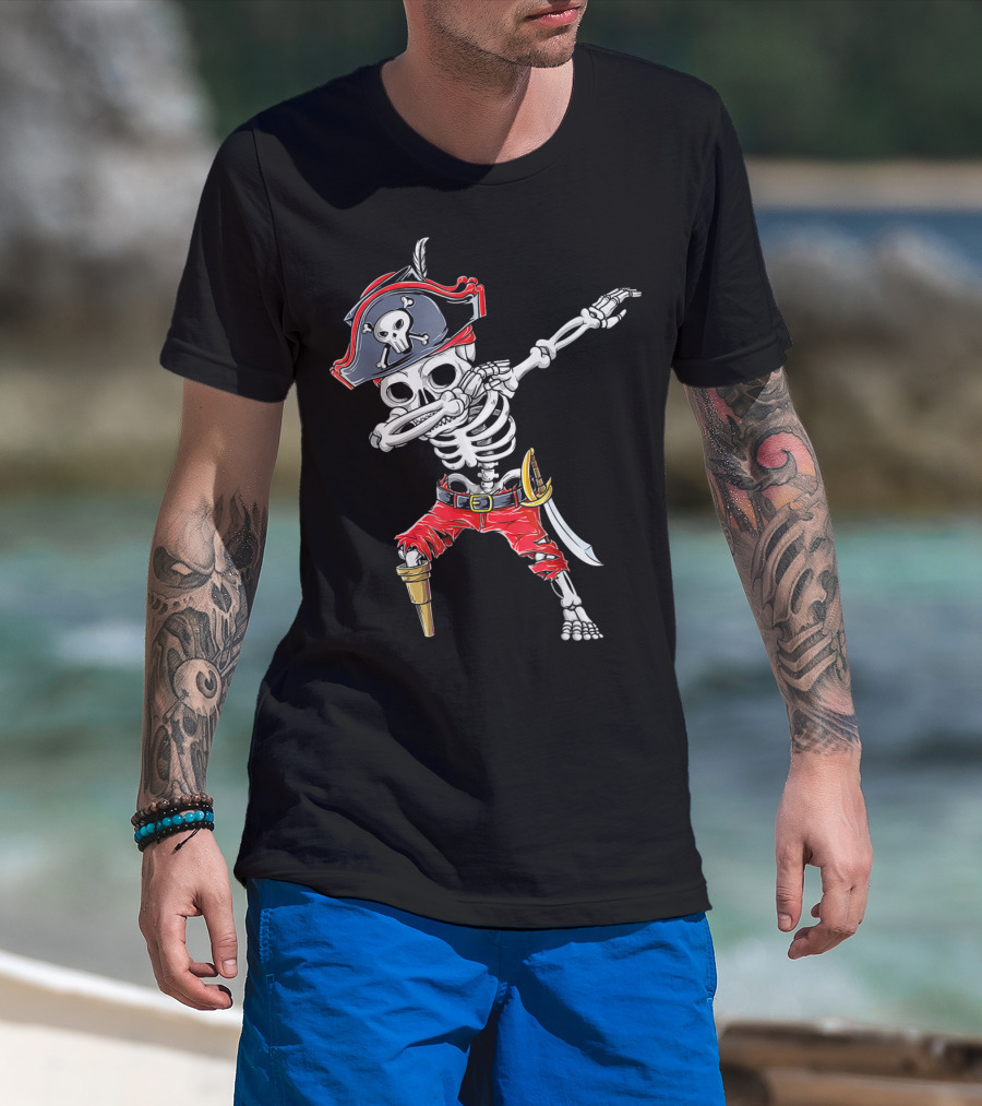 Dabbing Skeleton Pirate Kids Halloween Jolly Roger T-Shirt