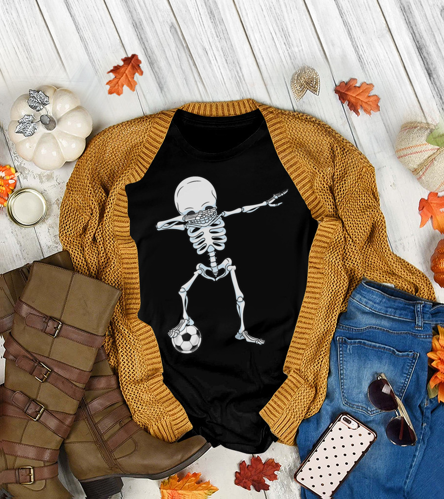 Dabbing Skeleton Halloween Soccer Skull T-Shirt
