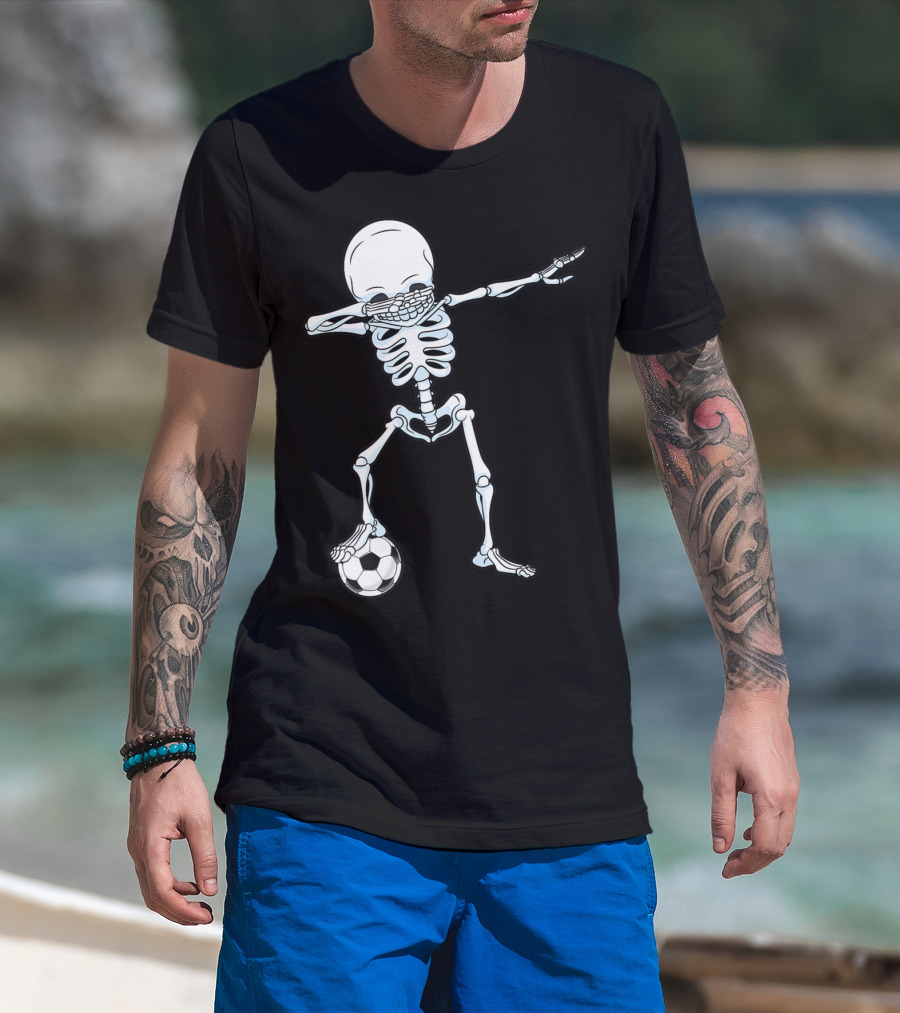 Dabbing Skeleton Halloween Soccer Skull T-Shirt