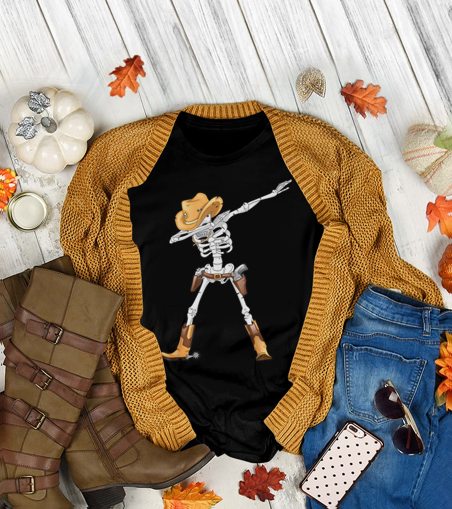 Dabbing Skeleton Cowboy Halloween Kids Boys Dab T-Shirt