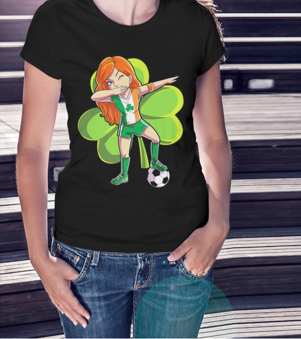 Dabbing Soccer Girl St Patricks Day Irish Shamrock T-Shirt