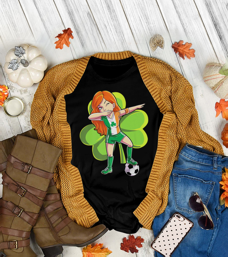 Dabbing Soccer Girl St Patricks Day Irish Shamrock T-Shirt