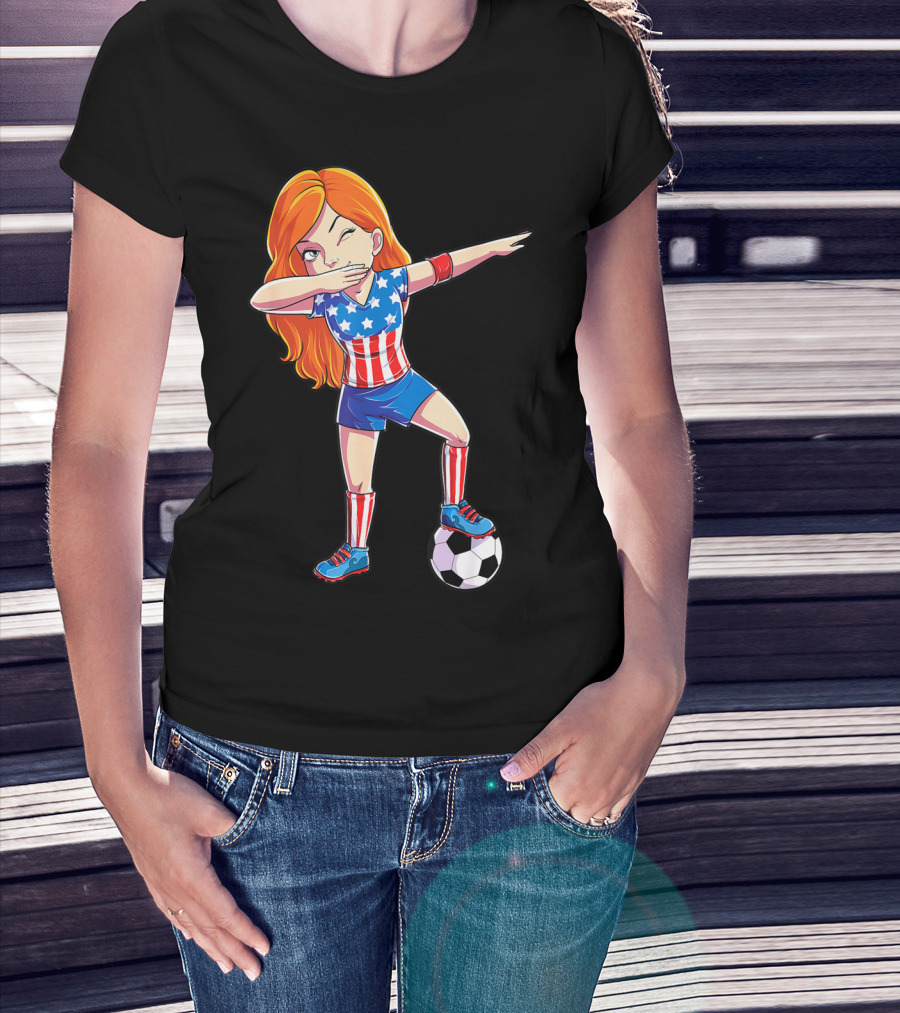 American Flag Dabbing Soccer Girl USA 4th Of July T-Shirt