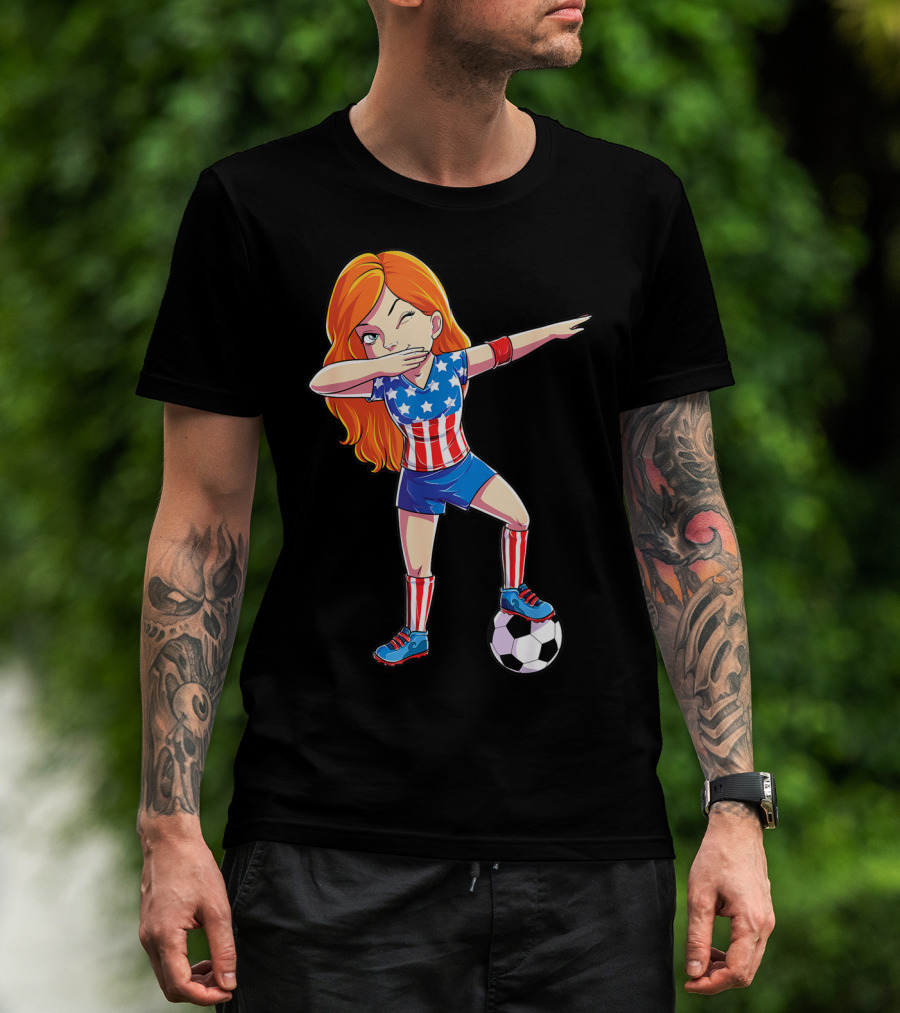 American Flag Dabbing Soccer Girl USA 4th Of July T-Shirt
