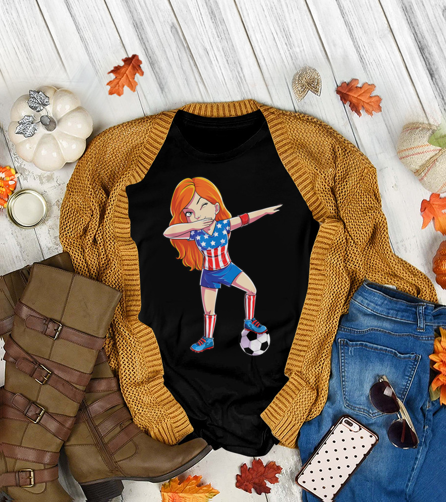American Flag Dabbing Soccer Girl USA 4th Of July T-Shirt