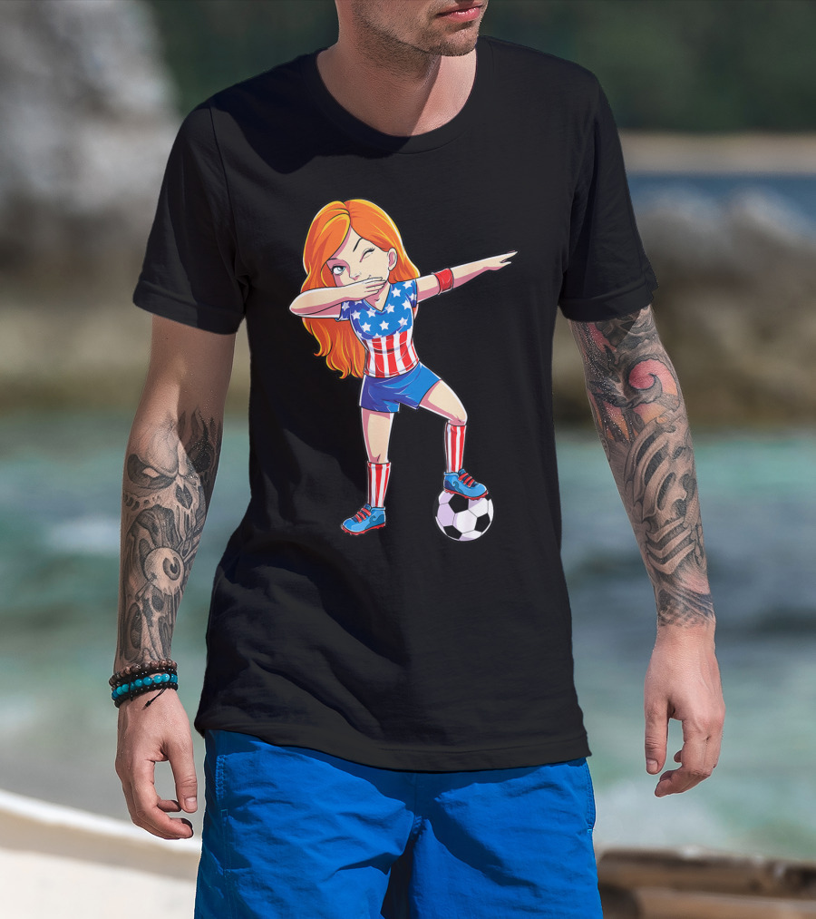 American Flag Dabbing Soccer Girl USA 4th Of July T-Shirt