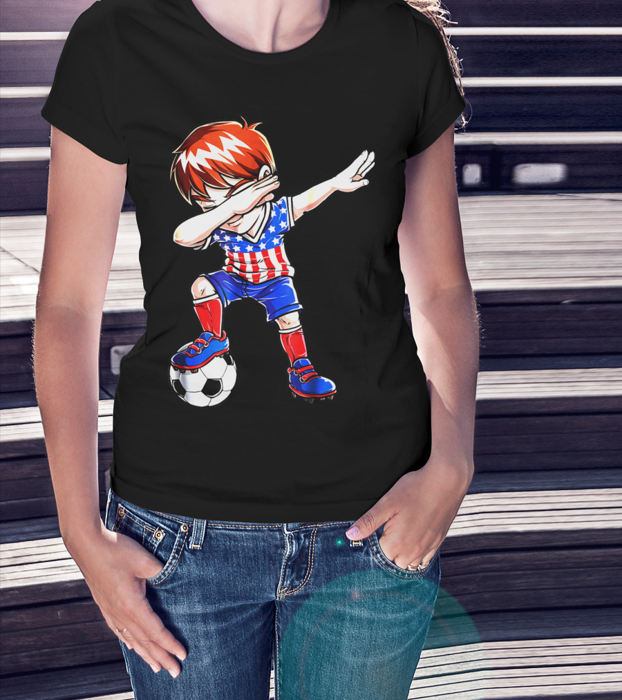 Dabbing Soccer Kids 4th Of July Merica USA Flag Football T-Shirt