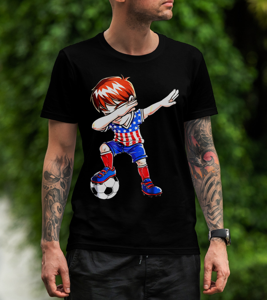 Dabbing Soccer Kids 4th Of July Merica USA Flag Football T-Shirt