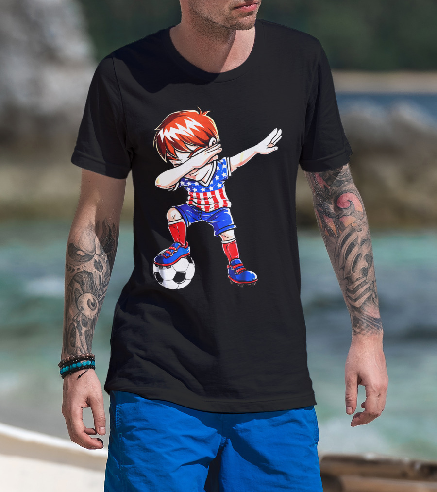 Dabbing Soccer Kids 4th Of July Merica USA Flag Football T-Shirt