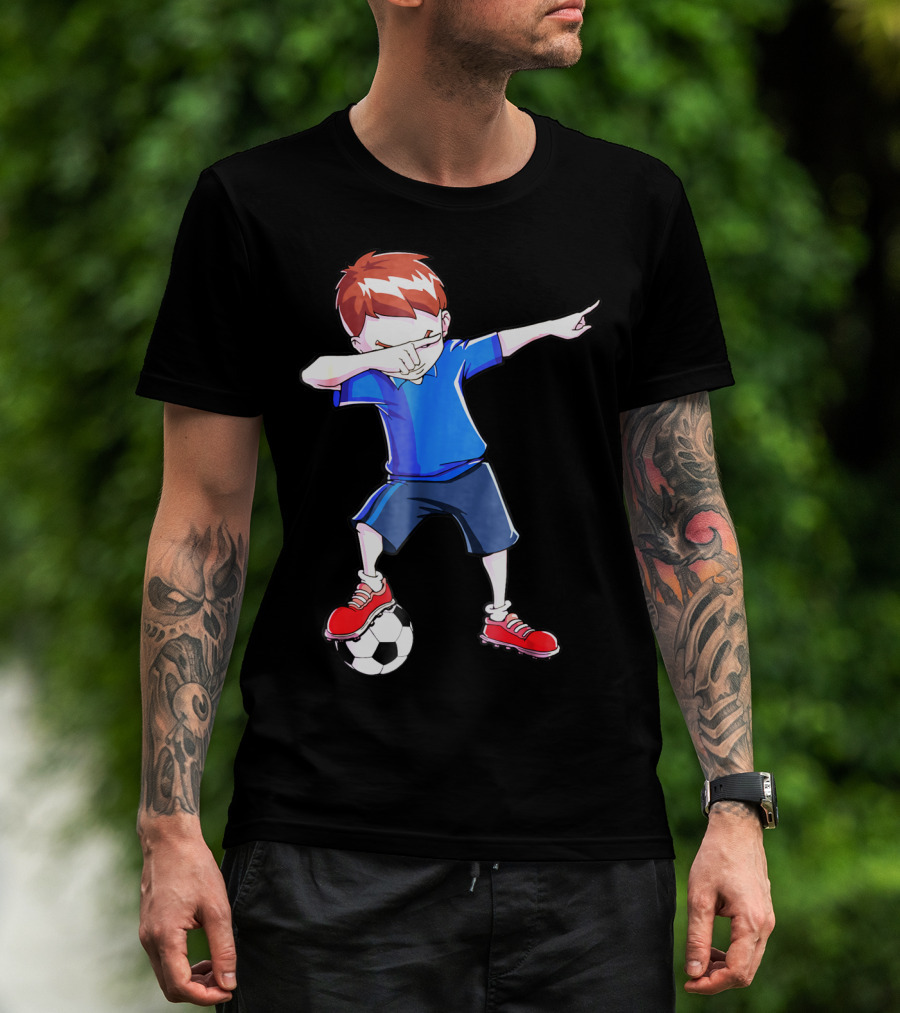Dabbing Soccer Dab Funny Football Kid In Blue Shirt And Red Shoes T-Shirt
