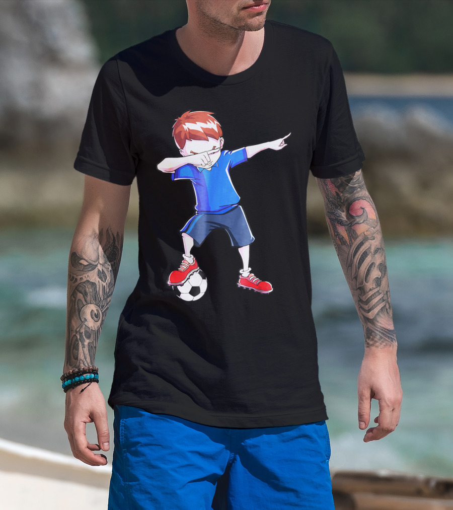Dabbing Soccer Dab Funny Football Kid In Blue Shirt And Red Shoes T-Shirt
