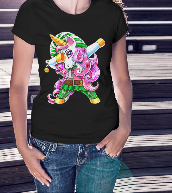 Dabbing Unicorn Christmas Elf Costume Unicorn Girls Pink Hair Green T-Shirt