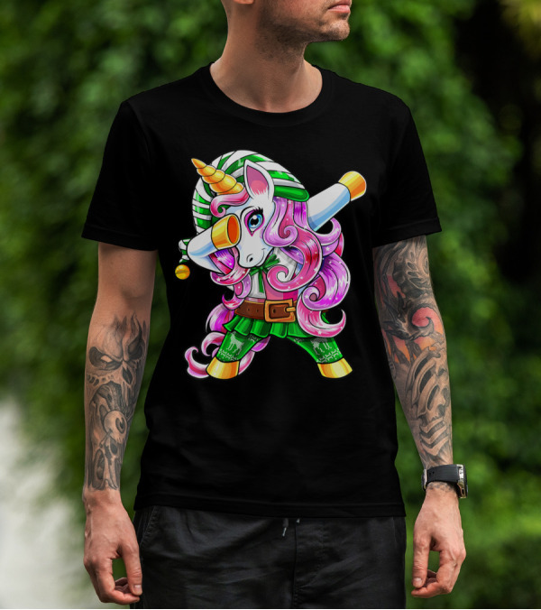 Dabbing Unicorn Christmas Elf Costume Unicorn Girls Pink Hair Green T-Shirt