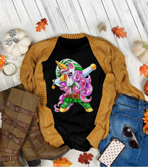 Dabbing Unicorn Christmas Elf Costume Unicorn Girls Pink Hair Green T-Shirt