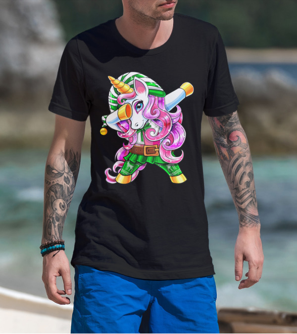 Dabbing Unicorn Christmas Elf Costume Unicorn Girls Pink Hair Green T-Shirt
