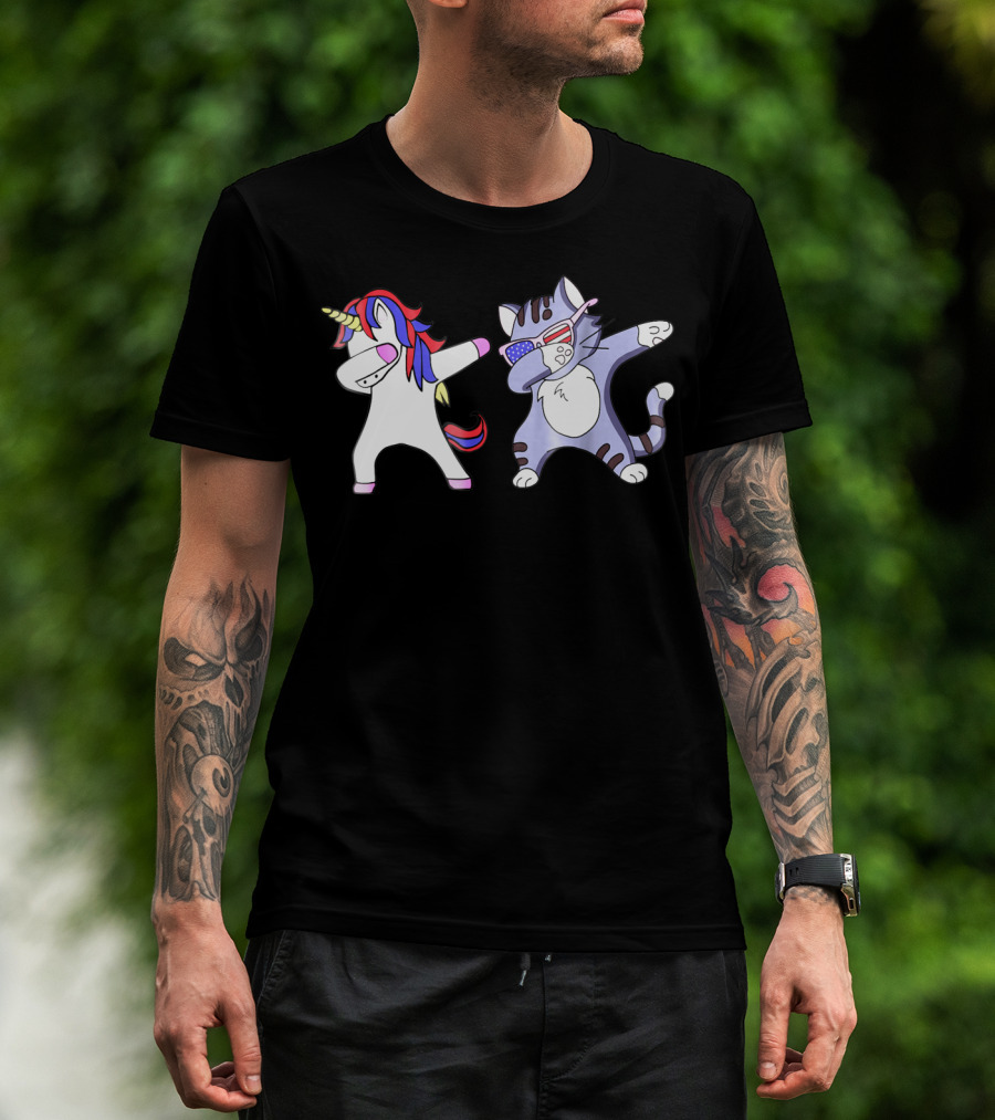 Dabbing Unicorn Cat Patriotic 4th Of July T-Shirt