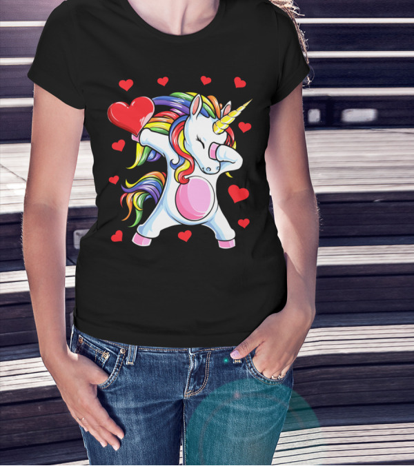 Valentines Day Dabbing Unicorn With Heart And Rainbow Mane T-Shirt