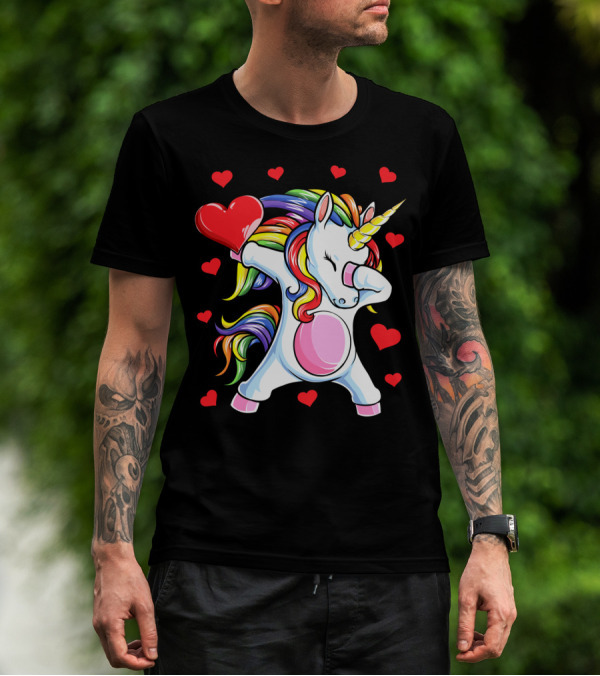 Valentines Day Dabbing Unicorn With Heart And Rainbow Mane T-Shirt