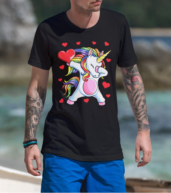 Valentines Day Dabbing Unicorn With Heart And Rainbow Mane T-Shirt