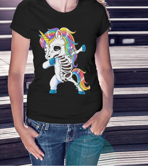 Dabbing Unicorn Skeleton Halloween Girls Dab Rainbow T-Shirt