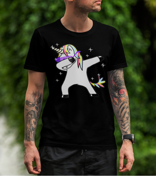 Dabbing Rainbow Unicorn With Sunglasses And Stars T-Shirt