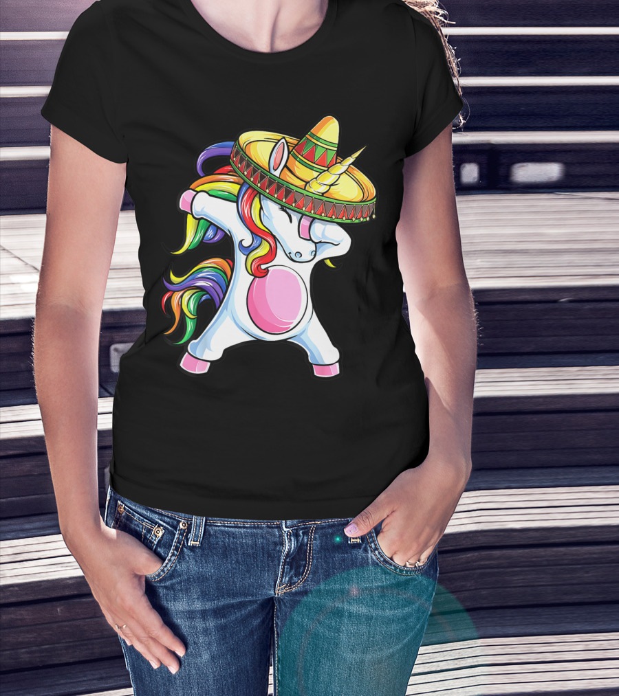 Dabbing Unicorn With Rainbow Hair And Sombrero Celebrating Cinco De Mayo T-Shirt