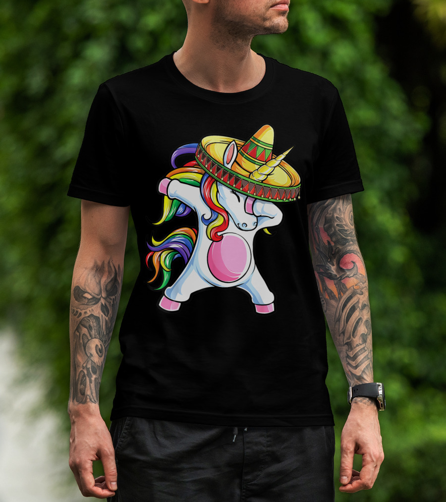 Dabbing Unicorn With Rainbow Hair And Sombrero Celebrating Cinco De Mayo T-Shirt