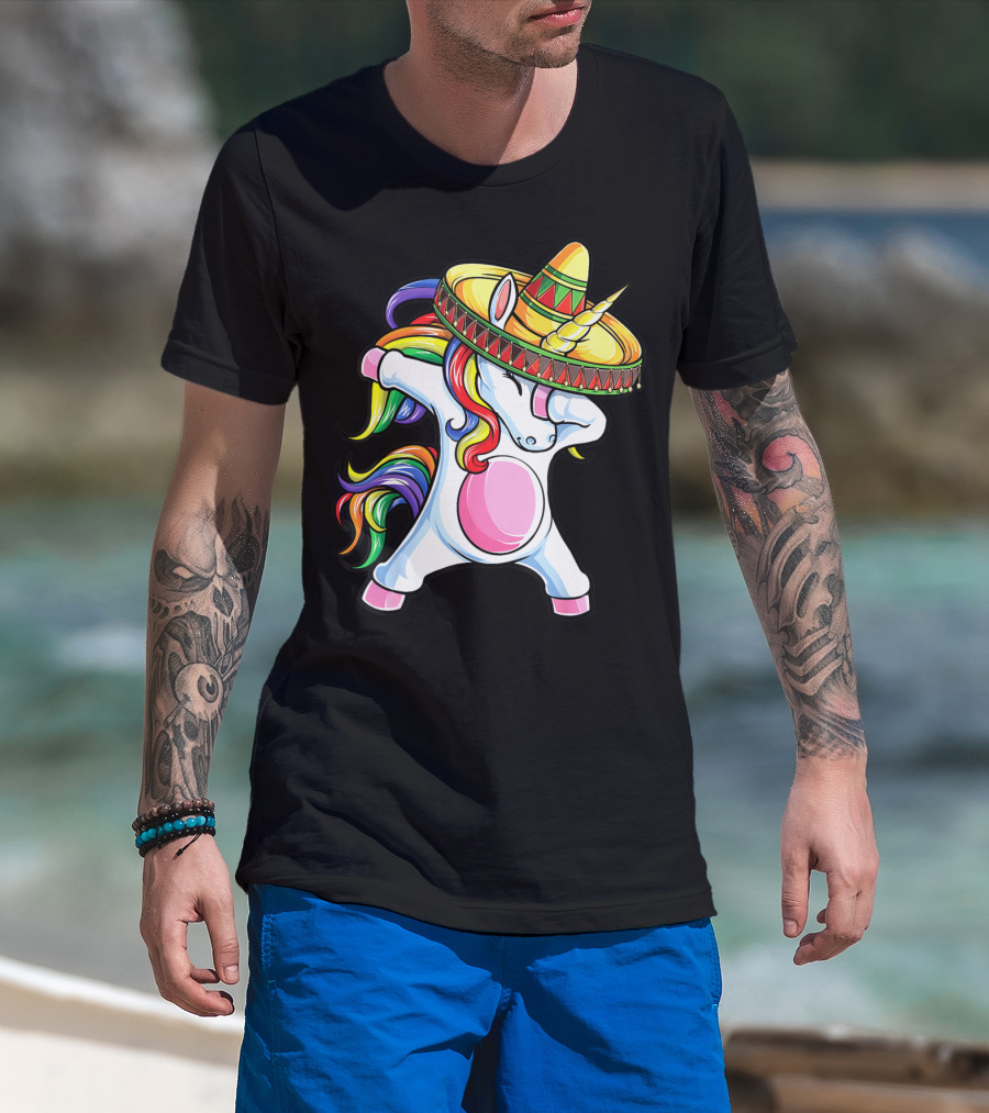 Dabbing Unicorn With Rainbow Hair And Sombrero Celebrating Cinco De Mayo T-Shirt