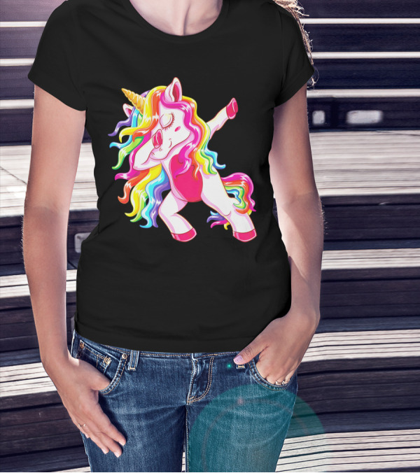 Dabbing Rainbow Unicorn With Long Hair Dab Dance T-Shirt