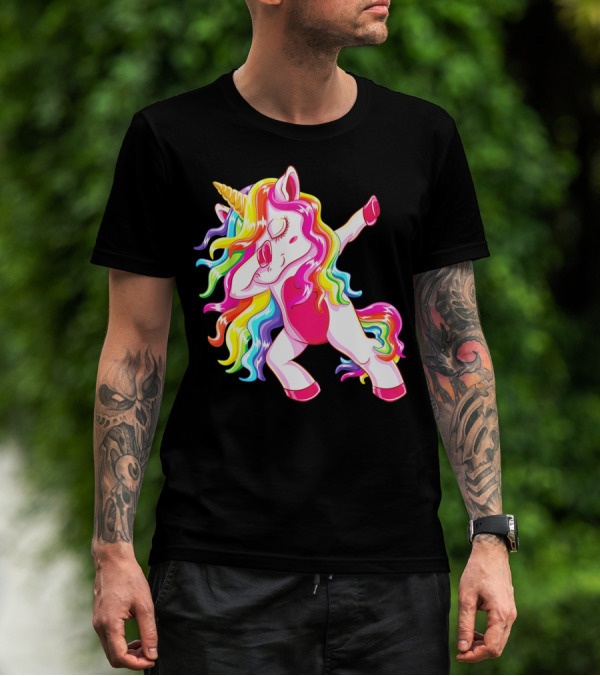 Dabbing Rainbow Unicorn With Long Hair Dab Dance T-Shirt