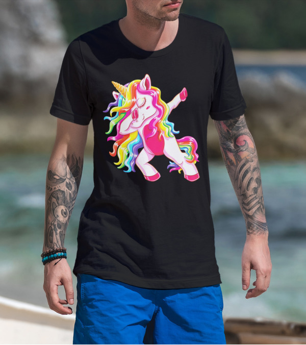 Dabbing Rainbow Unicorn With Long Hair Dab Dance T-Shirt