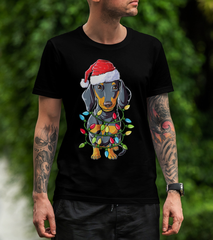 Dachshund Christmas Dog Wrapped In Santa Hat And Xmas Tree Lights T-Shirt