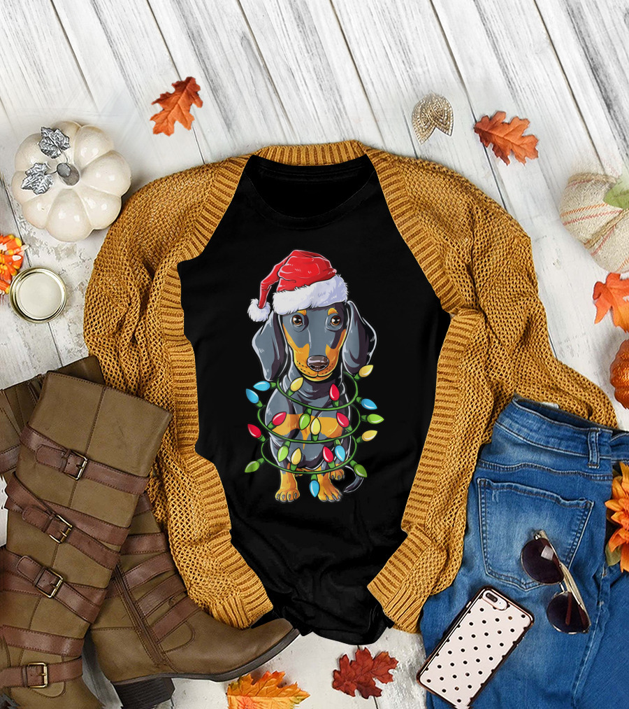 Dachshund Christmas Dog Wrapped In Santa Hat And Xmas Tree Lights T-Shirt
