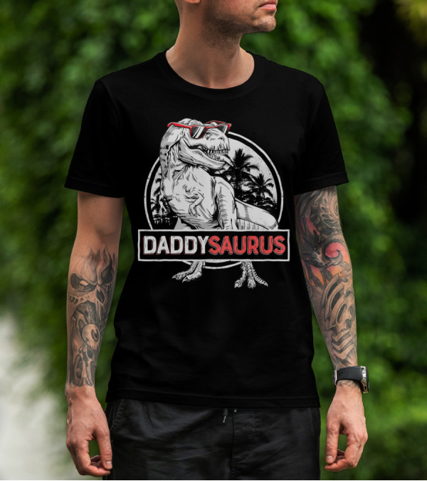 Daddysaurus Rex Dinosaur T-Rex Sunglasses Palm Trees T-Shirt