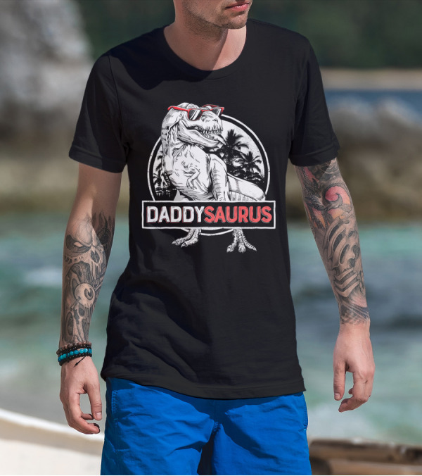 Daddysaurus Rex Dinosaur T-Rex Sunglasses Palm Trees T-Shirt