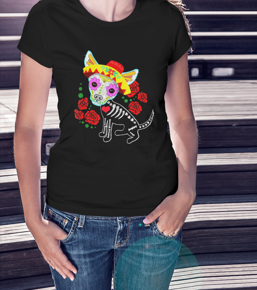 Day Of The Dead Chihuahua Skeleton Sombrero Roses T-Shirt