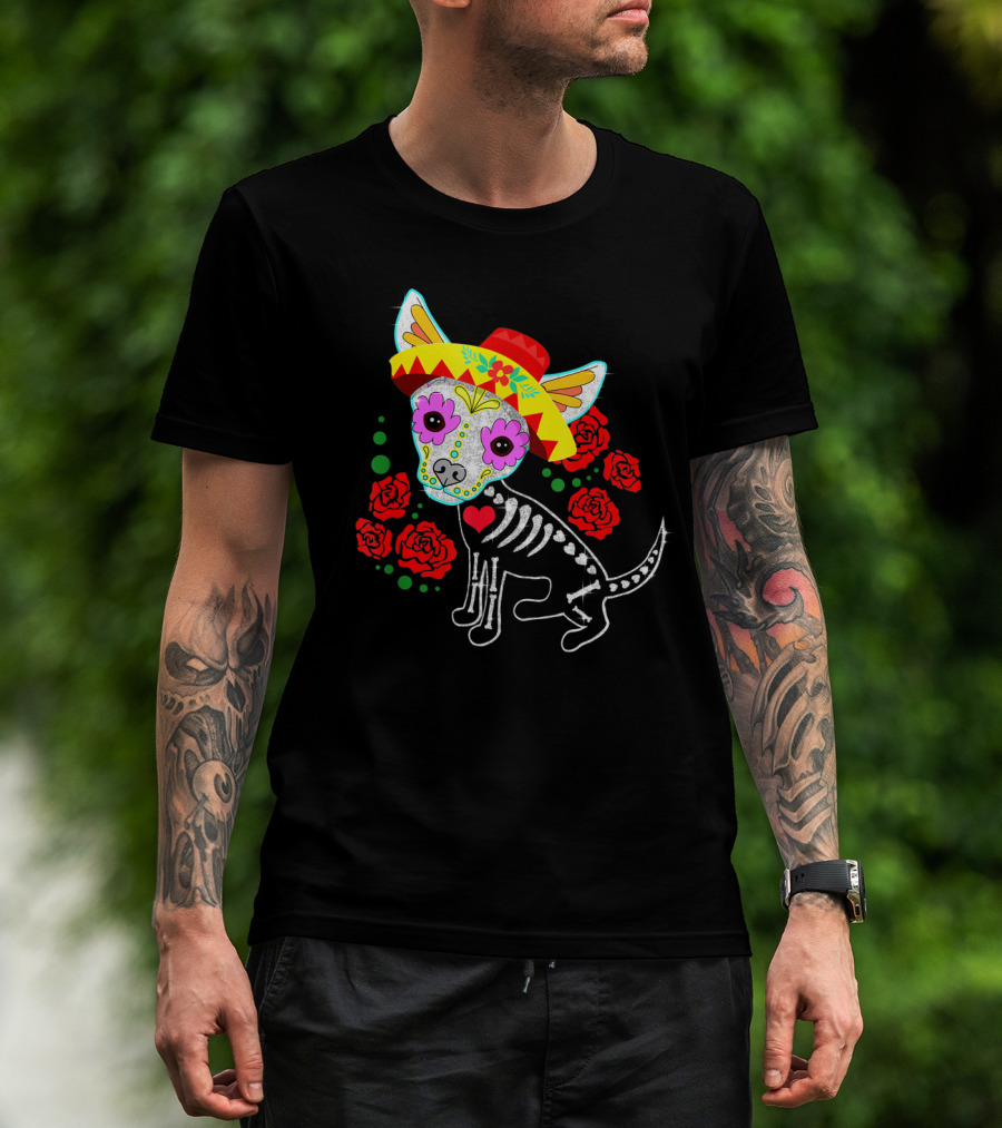 Day Of The Dead Chihuahua Skeleton Sombrero Roses T-Shirt