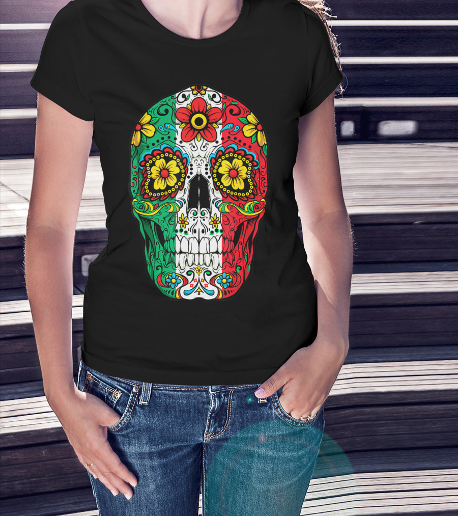 Day Of The Dead Sugar Skull Mexican Flag Flowers Colorful T-Shirt