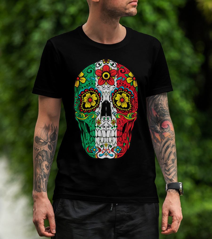 Day Of The Dead Sugar Skull Mexican Flag Flowers Colorful T-Shirt