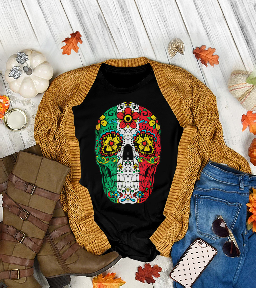 Day Of The Dead Sugar Skull Mexican Flag Flowers Colorful T-Shirt