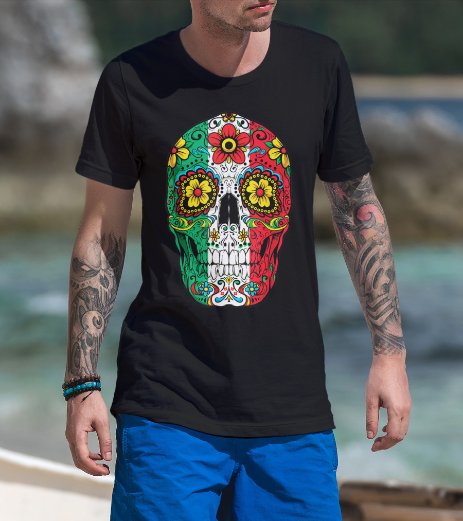 Day Of The Dead Sugar Skull Mexican Flag Flowers Colorful T-Shirt